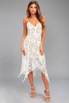 Lulus | One Wish White Lace Midi Dress | Size Medium | 100% Rayon