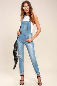 Glamorous Dolores Park Light Wash Distressed Denim Overalls
