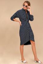 Moon River Fable Navy Blue Striped Long Sleeve Midi Dress