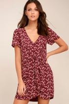 Lulus Floral Support Wine Red Floral Print Knotted Dress