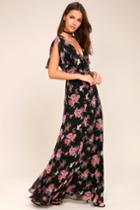 Lulus | Wings Of Love Black Floral Print Maxi Dress | Size Large | 100% Polyester