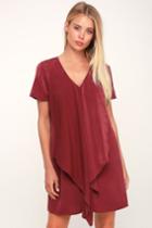 Dear Friend Wine Satin Red Drape Front Shift Dress | Lulus