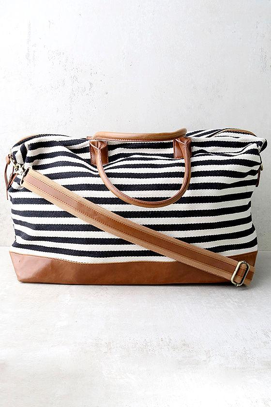 Jet Setter Cream And Black Striped Weekender | Lulus