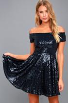 Lulus | Dazzle Darling Navy Blue Sequin Off-the-shoulder Skater Dress