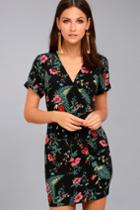 Lulus | Night In The Jungle Black Floral Print Short Sleeve Dress | Size Large | 100% Polyester