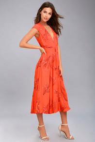 Free People Retro Coral Orange Floral Print Midi Dress