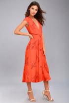 Free People Retro Coral Orange Floral Print Midi Dress