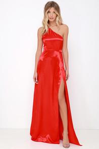 Lulu*s Starlet Loose Red Satin One Shoulder Maxi Dress
