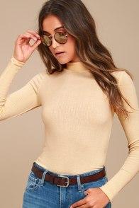 Project Social T Lena Cream Ribbed Mock Neck Long Sleeve Top