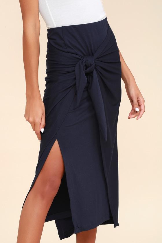 Knot Your Average Navy Blue Knotted Midi Skirt | Lulus