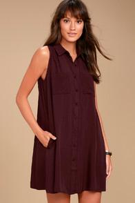 Lulus Look Into Your Heart Plum Purple Sleeveless Shirt Dress