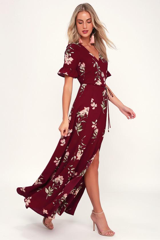 September Sunsets Burgundy Floral Print Wrap Maxi Dress | Lulus