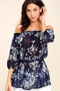 Lulus Sunny Honey Navy Blue Floral Print Off-the-shoulder Top