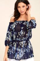 Lulus Sunny Honey Navy Blue Floral Print Off-the-shoulder Top