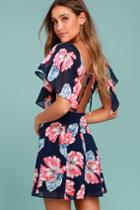 Lulus | Flowers That Be Navy Blue Floral Print Dress | Size X-large | 100% Polyester