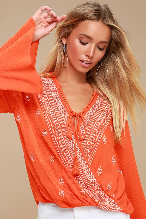 Coastline Cruising White And Orange Embroidered Bell Sleeve Top | Lulus