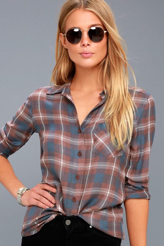 Rvca York Rusty Brown Plaid Flannel Button-up Top | Lulus