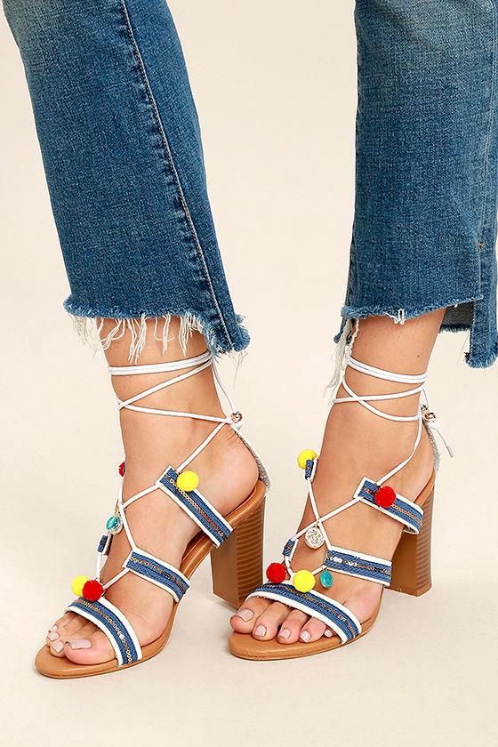 Jacobies | Delia White Lace-up Pompom Heels | Size 6.5 | Vegan Friendly | Lulus