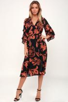 Highlight Of My Life Orange And Black Floral Print Wrap Dress | Lulus