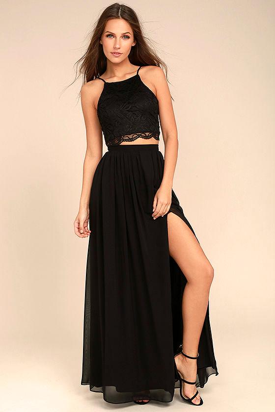 Lulus | Midnight Memories Black Lace Two-piece Maxi Dress | Size Large | 100% Polyester