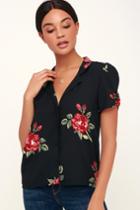 Amuse Society Coming Up Roses Black Floral Print Short Sleeve Button-up Top | Lulus