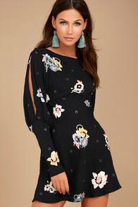 Free People Sunshadows Washed Black Floral Print Mini Dress
