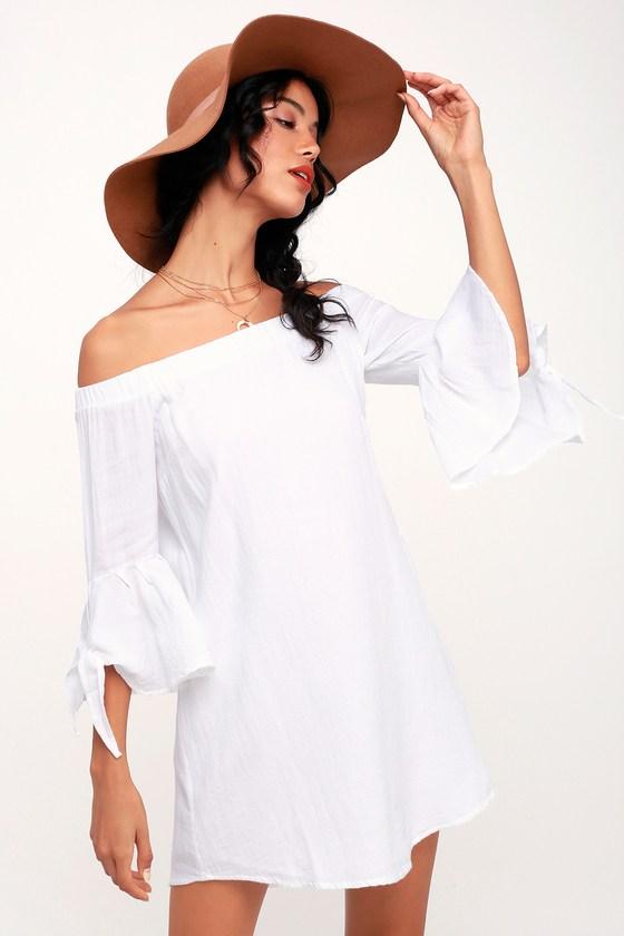 O'neill Clady White Off-the-shoulder Flounce Sleeve Shift Dress | Lulus