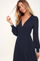 My Whole Heart Navy Blue Long Sleeve Wrap Dress | Lulus