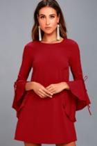 Lulus | Made For Me Red Flounce Sleeve Shift Dress | Size Large | 100% Polyester