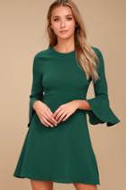 Lulus | Center Of Attention Forest Green Flounce Sleeve Dress | Size Medium | 100% Polyester