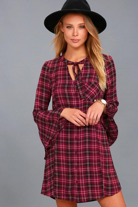 Jack By Bb Dakota | Rexford Burgundy Plaid Bell Sleeve Dress | Size X-small | Red | 100% Polyester | Lulus