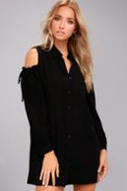 Lulus | Take Care Black Cold-shoulder Shirt Dress | Size Medium | 100% Rayon
