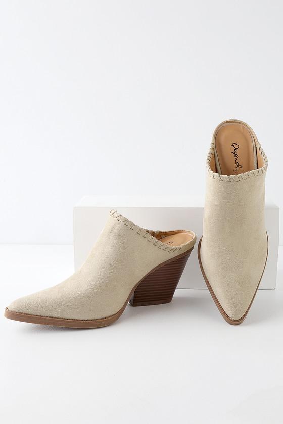 Qupid Lonnie Light Taupe Suede Pointed Toe Mules | Lulus