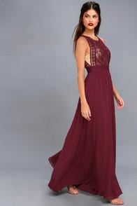 Lulus Forever And Always Burgundy Lace Maxi Dress