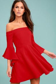 J.o.a. Mikkaa Red Off-the-shoulder Skater Dress