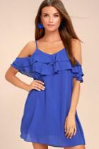 Lulus | Impress The Best Royal Blue Off-the-shoulder Dress | Size X-small | 100% Polyester