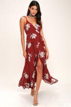 Lulus All Mine Wine Red Floral Print High-low Wrap Dress