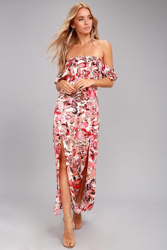 Lucy Love | Dream On Pink Floral Print Off-the-shoulder Maxi Dress | Size Large | 100% Rayon | Lulus