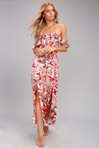 Lucy Love | Dream On Pink Floral Print Off-the-shoulder Maxi Dress | Size Large | 100% Rayon | Lulus