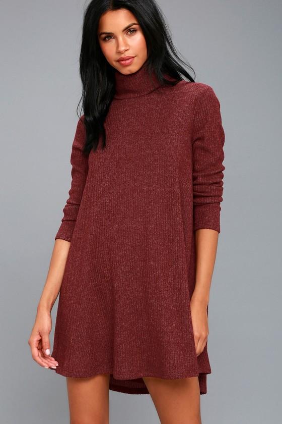 Lulus | Cozy Express Heather Burgundy Long Sleeve Swing Dress