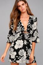 Lulus Steal The Show Black And White Floral Print Cold-shoulder Dress