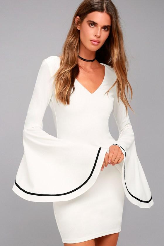 Lulus | Most Beloved White Bell Sleeve Bodycon Dress | Size Large | 100% Polyester