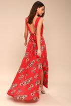 Afternoon Tea Coral Red Floral Print Tie-back Maxi Dress | Lulus