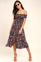 Lulus View From The Meadow Black Floral Print Off-the-shoulder Dress