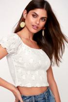 One Kiss White Smocked Eyelet Off-the-shoulder Crop Top | Lulus