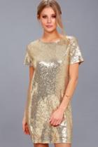 Lulus | Party Hour Gold Sequin Short Sleeve Dress | Size Large | 100% Polyester