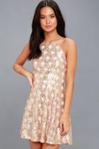 Lulus Dancing Lights Rose Gold Sequin Skater Dress