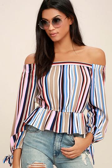 Jealous Tomato Filled With Glee Pink Striped Off-the-shoulder Top | Lulus