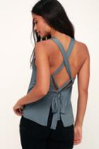 Breezy Babe Slate Blue Lace-up Tank Top | Lulus