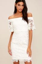 Lulus | A Bit Of Romance White Lace Off-the-shoulder Dress | Size X-small | 100% Polyester